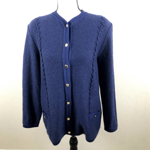 VINTAGE 90s St Georges Sweater Cardigan Blue Mohair Blend Italian Made Sz Large - Picture 12 of 12